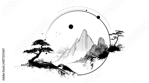 Elegant illustration of mountains, trees, and circles, in a minimalist black and white ink style