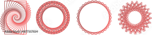 Four abstract geometric shapes featuring rotated squares and intricate circular patterns