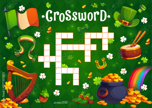 Crossword quiz game grid with St Patrick day characters, vector worksheet for kids. Irish holiday Saint Patrick crossword quiz to guess words of shamrock, bagpipes and Ireland flag with gold coins pot