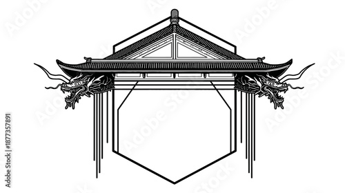 Black and white illustration of a building with dragon heads and geometric shapes