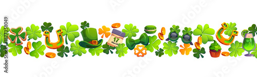 Happy St Patrick's day holiday border. Spring celebration vector divider, Ireland festive frame border. Irish party underline spacer with shamrock clovers, leprechaun hat, golden horseshoe and coins