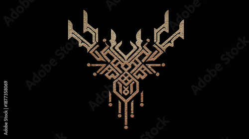 Ornate geometric symmetrical design in bronze tones against a black background. Textured effect