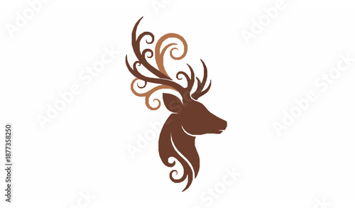 Elegant deer head flat vector illustration with ornate antlers for luxury logo design