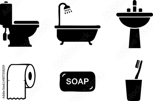 Bathroom and hygiene icon set including toilet bathtub and sink Pure black silhouettes isolated on white background