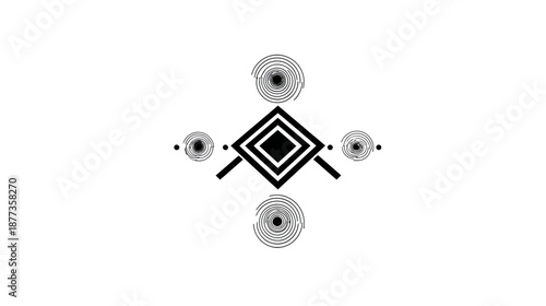 Abstract black and white graphic with concentric circles, diamonds, and linear elements on white background