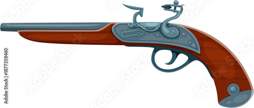 Cartoon corsair pirate old flintlock pistol weapon. Corsair skipper antique vector firearm, pirate bandit medieval gunpowder weapon. Buccaneer captain 18th century gun or sailor flintlock pistol