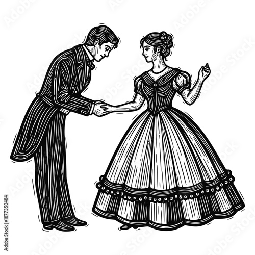Vintage couple dancing hand in hand black and white vector illustration