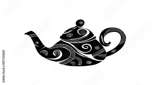 A black and white stylized teapot with intricate swirling patterns and a round lid knob