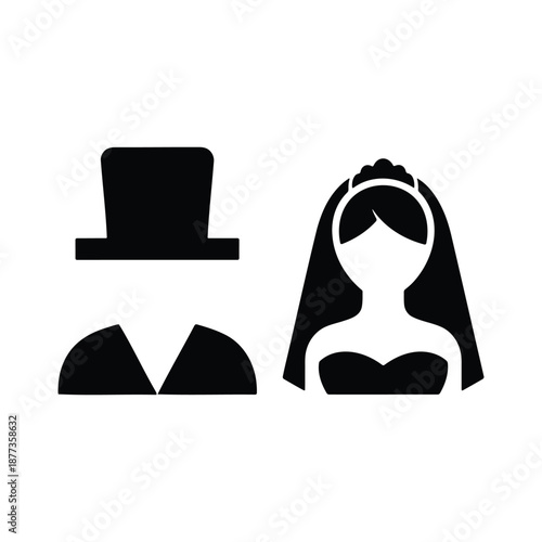 Wedding couple black silhouette icon vector, groom and bride symbol isolated