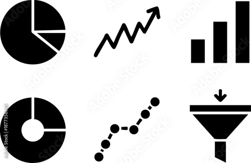 Data visualization and chart icon set including pie bar and line graphs Pure black silhouettes isolated on white background