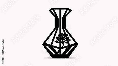 A geometric black vase design featuring a stylized flower and leaves within a frame
