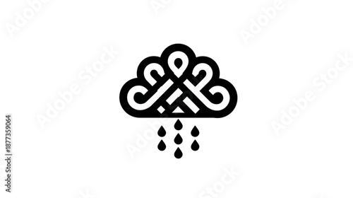 A black and white illustration of a stylized cloud with rain drops, on a white background