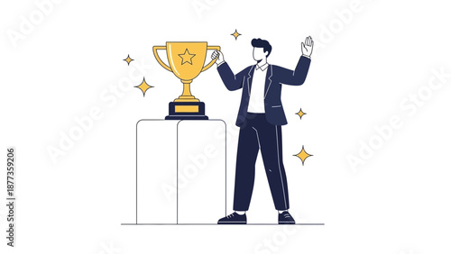 Businessman Celebrating Victory Holding Golden Trophy