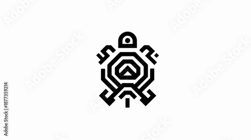 A geometric, symmetrical representation of a turtle in black, centered on a white background