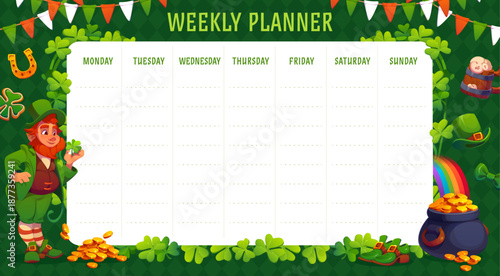 Weekly planner schedule with St Patrick's day shamrock clovers and leprechaun. Kid lessons week planner or daily vector schedule with Ireland garland, St Patricks clovers, top hat and shoes, horseshoe