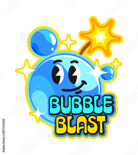 Bubble bomb and grenade vintage Y2K sticker or symbol. Bomb Y2K sticker, funny explosive vintage groovy vector tag. Dynamite, funny bubble bomb with burning wick and typography isolated patch or label