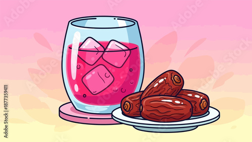 Iftar Set: Cartoon Illustration of Sweet Dates and Refreshing Cold Juice in a Glass. Ramadan Fast Break Drink and Energy Food Vector Art.