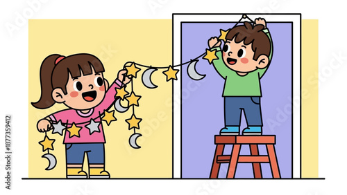 Happy Kids Decorating Room with Star and Moon Garland. Cute Cartoon Illustration of Children Teamwork and Celebration Preparation.