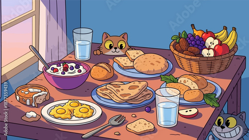 Delicious Cartoon Breakfast Spread with Hungry Cats, Eggs, Pancakes, Yogurt, and Fresh Fruit