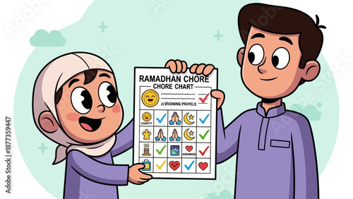 Muslim Kids Holding Ramadhan Chore Chart: Cartoon Vector Illustration of Children Tracking Good Deeds and Islamic Duties during the Holy Month