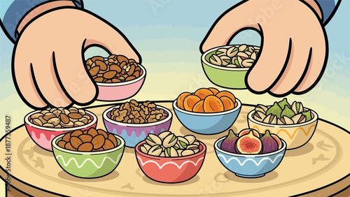 Hands Serving Assorted Healthy Nuts and Dried Fruits in Bowls (Almonds, Pistachios, Figs). Colorful Cartoon Vector Illustration of Superfood Mix.