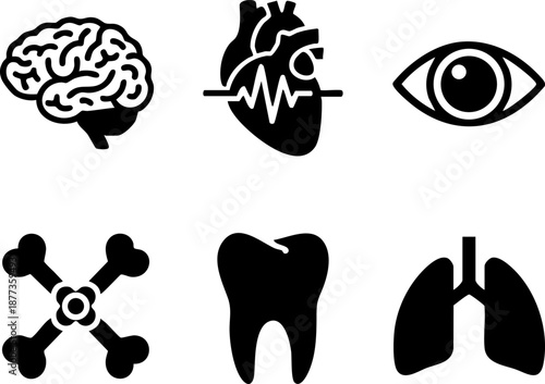 Medical specialties icon set including brain heart eye and lungs Pure black silhouettes isolated on white background