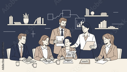 Diverse business team collaborating in modern office meeting room, strategic planning