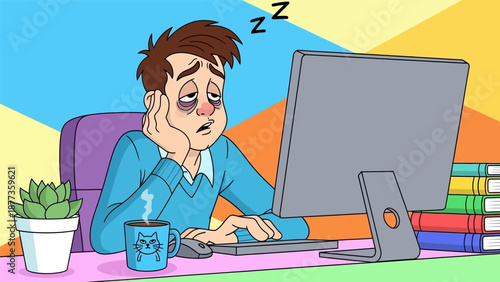 Exhausted Office Worker Suffering from Burnout. Tired Man with Dark Circles Sleeping at Desk While Working on Computer.