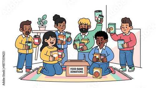 Diverse Volunteers Donating Food to Charity Box | Community Food Drive Illustration for Hunger Relief and Social Support