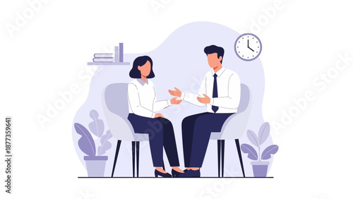 Business meeting, discussion, conversation, interview, two people talking, office setting, vector illustration