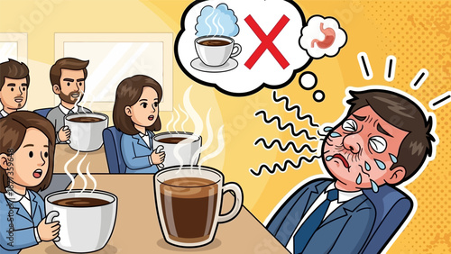 Caffeine Sensitivity: Cartoon illustration of a businessman reacting painfully to coffee, suffering from gastritis or acid reflux during an office meeting.