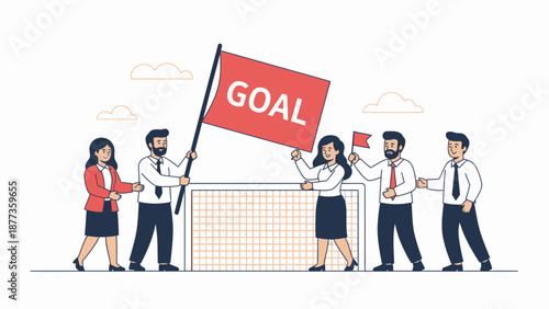 Team celebrates reaching business goal with flag and soccer net