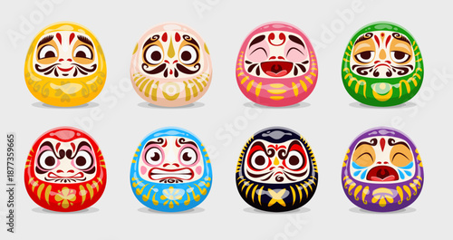 Japanese daruma dolls with Bodhidharma monk face, vector Buddhist temple good luck charms. Cartoon red, black, green and pink, white, golden, blue and purple daruma dolls. Traditional toys for wishing
