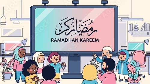 Diverse Community Celebrating Ramadhan Kareem. Flat Vector Illustration of Muslim People Gathering Around Digital Screen with Arabic Calligraphy Greeting.