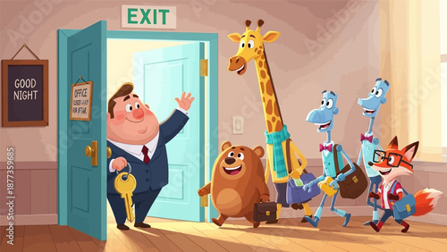 Business Exit: Happy Cartoon Manager Closes Office as Diverse Team (Bear, Giraffe, Robot, Fox) Leaves Work for the Day.