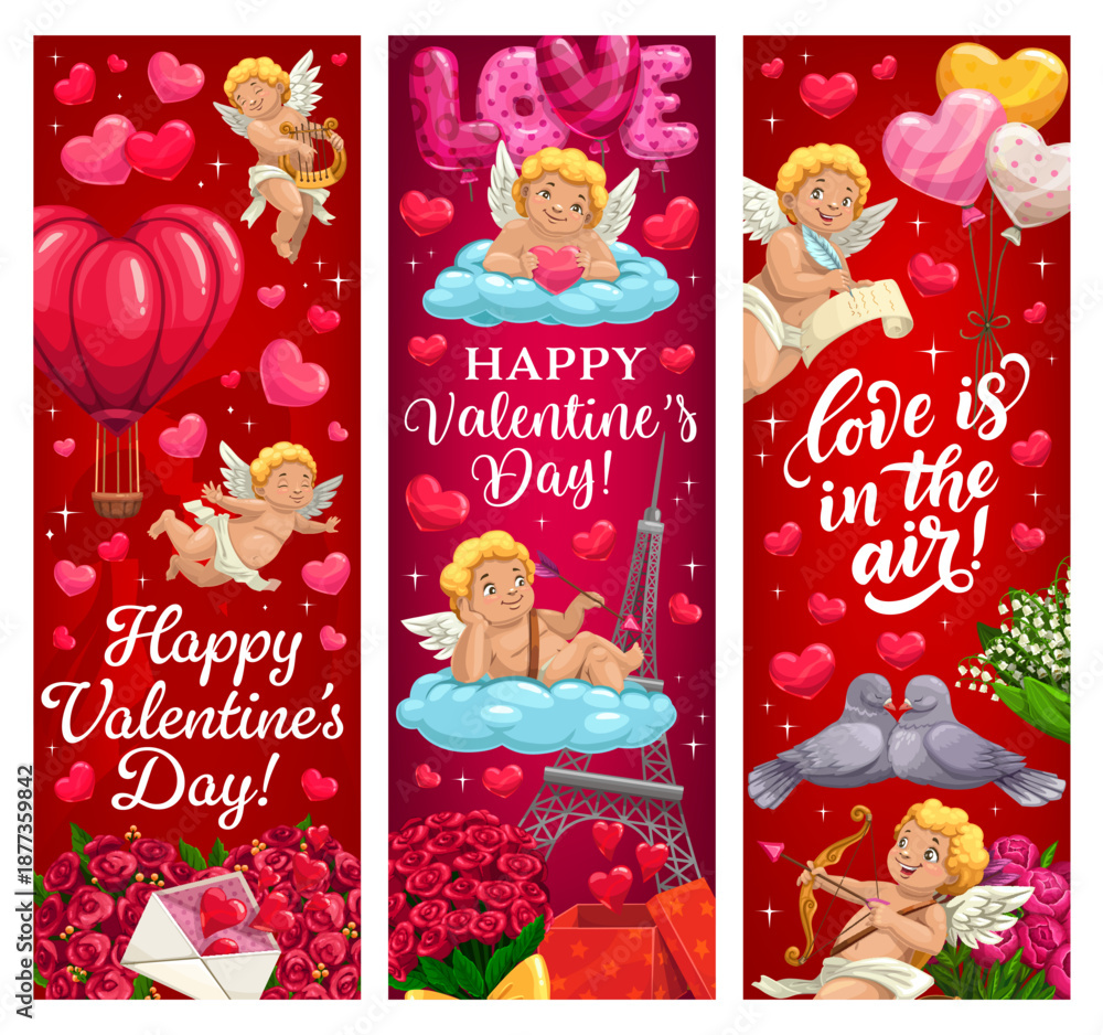 Fototapeta premium Happy Valentine Day vector greeting banners. Cartoon romantic love holiday gift boxes, heart balloons and flowers, Cupid angels and cherub characters, Valentines Day love cards or greeting banners set