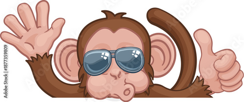 A monkey cool cartoon character animal wearing sunglasses peeking over a sign waving and giving a thumbs up.
