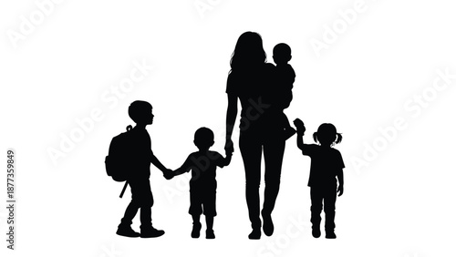 Silhouette of a mother and her four children walking together family unity and love
