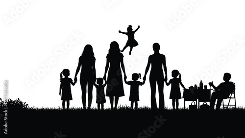 Silhouette of a diverse family with children playing and having fun together outdoors in a park