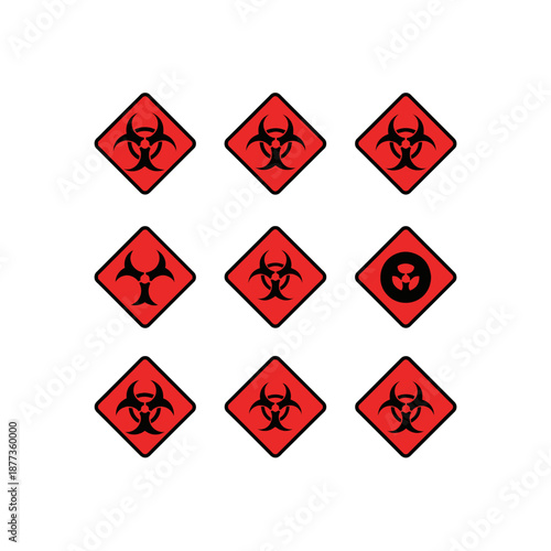 A grid of nine red square warning signs featuring various black biohazard symbols and one radiation symbol, indicating biological and radioactive dangers.