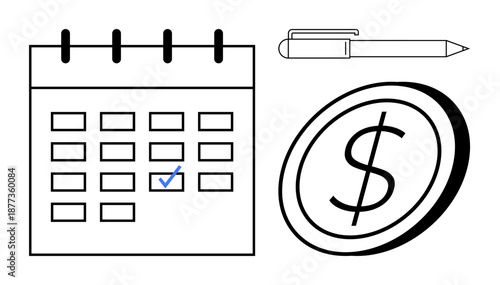 Business strategy, financial planning, budget management, expense tracking, savings, corporate scheduling. Calendar with a marked date, a pen and a dollar sign finance and scheduling. Financial