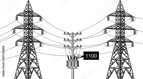 Electric power transmission towers illustration showing high voltage lines transformer and grid infrastructure, detailed black and white vector for energy distribution engineering concepts