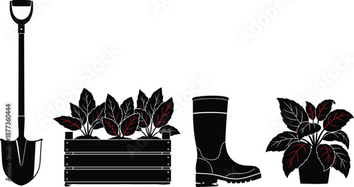 Gardening tools and plants silhouette set featuring shovel rubber boots planter box and potted foliage, minimalist black vector illustration for home garden and landscaping concepts