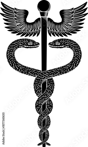 Caduceus staff of Hermes medical or commerce symbol. Snakes around a winged rod. Often used in place of the rod of Asclepius doctor icon for medicine and health care. Vintage woodcut etching style.