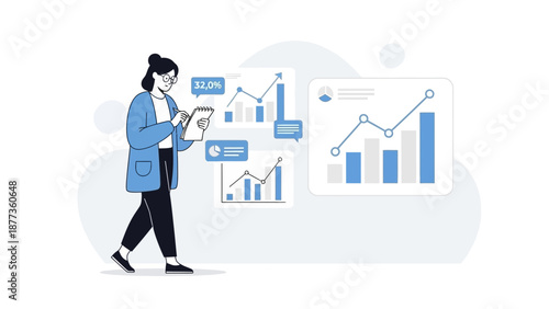 Businesswoman analyzing financial charts and graphs on digital screens