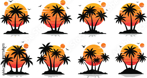 Tropical sunset palm tree silhouettes set featuring summer island landscapes, colorful retro style vector illustrations for beach vacation travel and nature themed designs