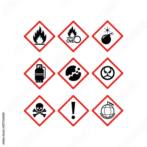 A comprehensive collection of nine globally harmonized system (GHS) hazard pictograms, depicting chemical dangers such as flammability, explosion, corrosion,...