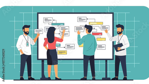 Teamwork strategy planning on whiteboard, business flowchart, people collaboration