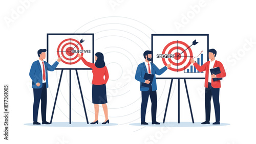 Business team setting goals and achieving targets with presentation boards