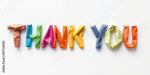 The words 'thank you' formed creatively with colorful crumpled paper letters against a clean white background to express gratitude and appreciation